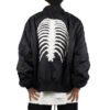 Custom Raised Skeleton Back Bomber Jacket - Style 4D4204 Mens black bomber jacket with a white ribcage graphic on the back