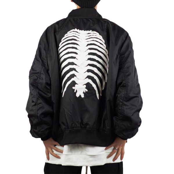 Custom Raised Skeleton Back Bomber Jacket - Style 4D4204 Mens black bomber jacket with a white ribcage graphic on the back
