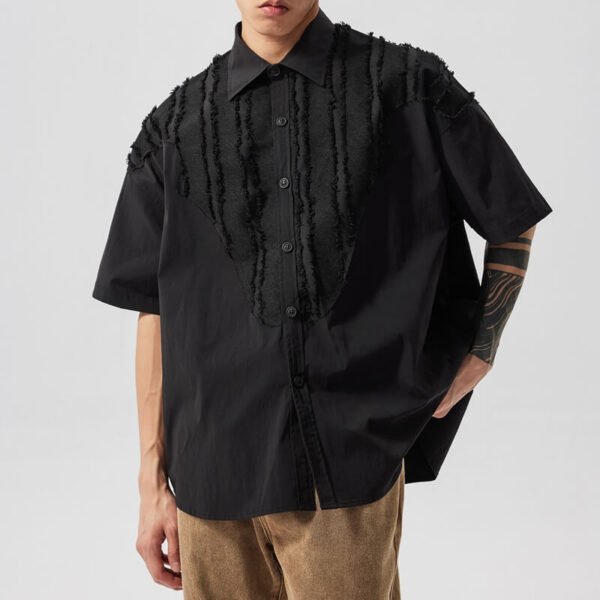 Custom Raw-Edge Patchwork Boxy Short-Sleeve Shirt - Style C2289D Black short-sleeve boxy fit shirt with raw edge patchwork detail