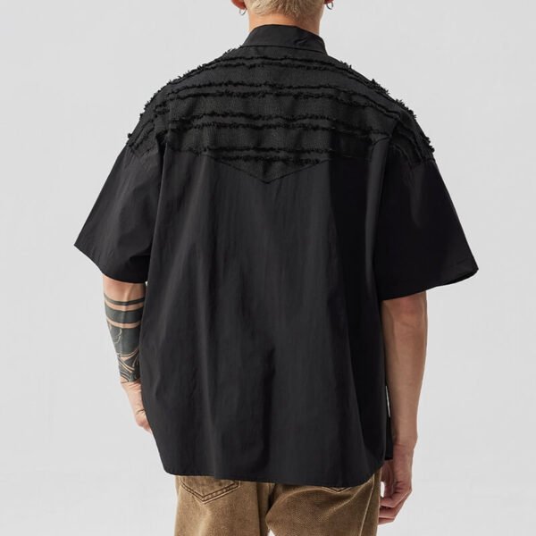 Custom Raw-Edge Patchwork Boxy Short-Sleeve Shirt - Style C2289D - product detail view 3 Custom Raw-Edge Patchwork Boxy Short-Sleeve Shirt - Style C2289D - product detail view 3