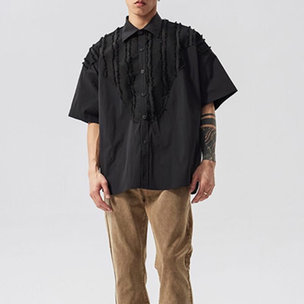Custom Raw-Edge Patchwork Boxy Short-Sleeve Shirt - Style C2289D - product detail view 7 Custom Raw-Edge Patchwork Boxy Short-Sleeve Shirt - Style C2289D - product detail view 7
