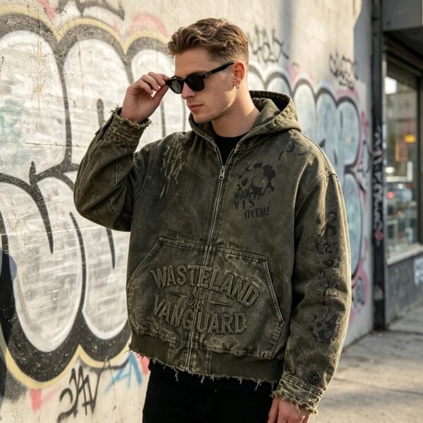 Custom Distressed Raw-Hem Hooded Canvas Jacket - Style C42448 - product detail view 5 Custom Distressed Raw-Hem Hooded Canvas Jacket - Style C42448 - product detail view 5