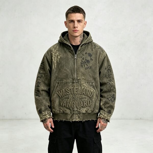 Custom Distressed Raw-Hem Hooded Canvas Jacket - Style C42448 - product detail view 7 Custom Distressed Raw-Hem Hooded Canvas Jacket - Style C42448 - product detail view 7