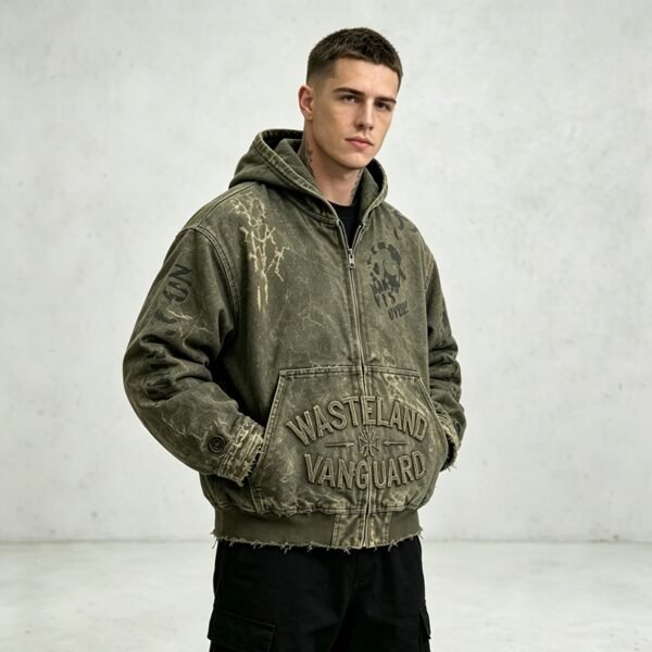 Custom Distressed Raw-Hem Hooded Canvas Jacket - Style C42448 - product detail view 8 Custom Distressed Raw-Hem Hooded Canvas Jacket - Style C42448 - product detail view 8