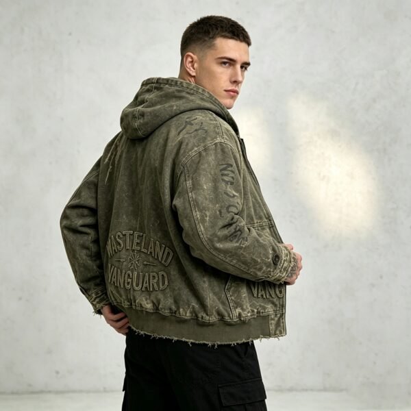 Custom Distressed Raw-Hem Hooded Canvas Jacket - Style C42448 - product detail view 9 Custom Distressed Raw-Hem Hooded Canvas Jacket - Style C42448 - product detail view 9