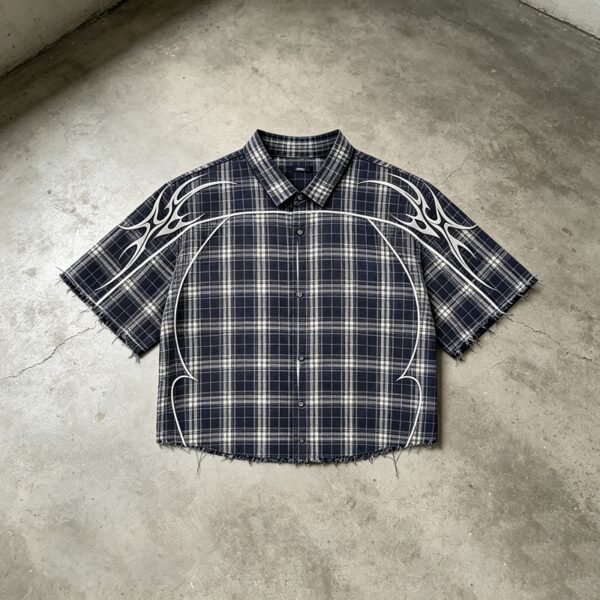 Custom Raw-Hem Plaid Shirt with Graphic Panel Layout - Style 5A2562 Black and white plaid short-sleeve shirt with raw hem and graphic flame design.
