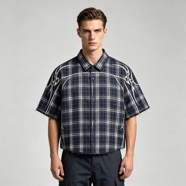 Custom Raw-Hem Plaid Shirt with Graphic Panel Layout - Style 5A2562 - product detail view 2 Custom Raw-Hem Plaid Shirt with Graphic Panel Layout - Style 5A2562 - product detail view 2