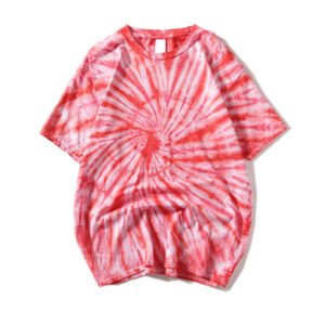A red and white tie-dye relaxed fit t-shirt with short sleeves.