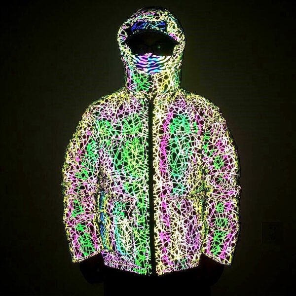 Custom Reflective Hooded Puffer Jacket with Zip Front - Style 8C996C - product detail view 2 Custom Reflective Hooded Puffer Jacket with Zip Front - Style 8C996C - product detail view 2