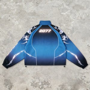 Blue tech jacket with reflective panels and 2077 graphic