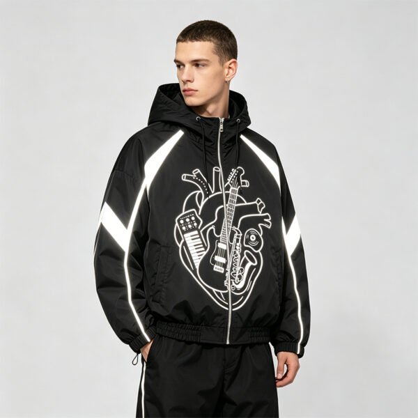 Custom Reflective Patchwork Hooded Jacket - Style 98EF81 - product detail view 2 Custom Reflective Patchwork Hooded Jacket - Style 98EF81 - product detail view 2
