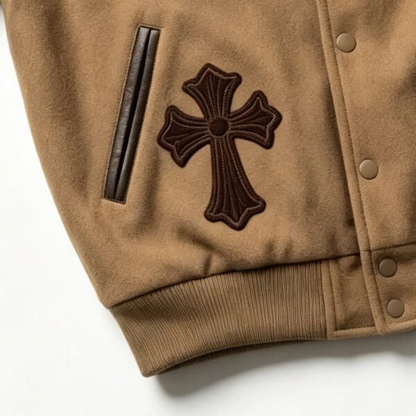 Custom PU Leather Spliced Varsity Jacket with Reinforced Pockets - Style 3AC2EC - product detail view 2 Custom PU Leather Spliced Varsity Jacket with Reinforced Pockets - Style 3AC2EC - product detail view 2