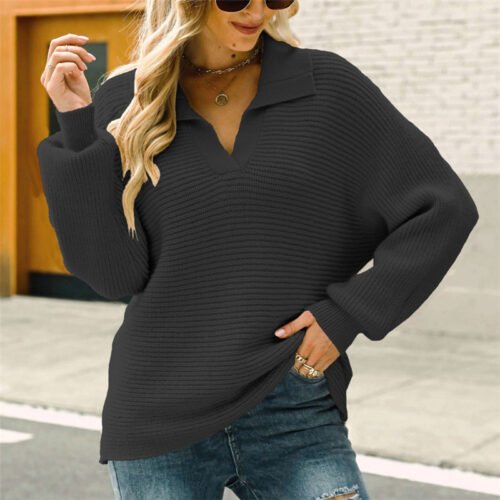 Custom Relaxed Collared Knit Pullover Sweater - Style D6F1DF Woman wearing a dark gray collared knit pullover sweater