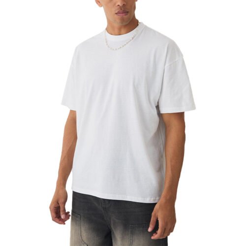 Custom Relaxed Crewneck Sweatshirt | - Style 16A7E8 Man wearing a plain white relaxed fit crew neck sweatshirt