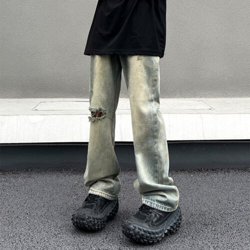 Custom Relaxed Vintage Wash Distressed Jeans - VW-32ED90 - Style 32ED90 Men's ripped vintage wash straight leg jeans