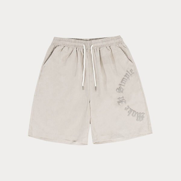 Custom Relaxed Drawstring Graphic Shorts - Style E48BB0 Light beige relaxed fit drawstring shorts with 'Make It Simple' graphic.