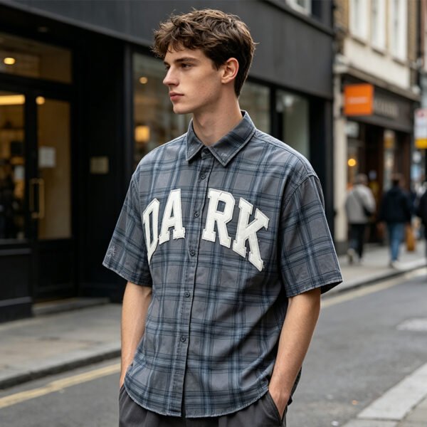 Custom Relaxed Plaid Applique Short-Sleeve Shirt 06 - Style 4FB9F7 - product detail view 2