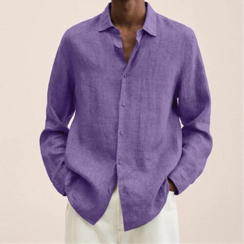 Custom Relaxed Purple Button-Down Shirt - Style 571968 Man wearing a relaxed fit purple button-down shirt