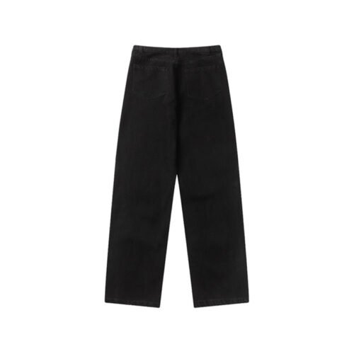 Black relaxed straight-leg denim jeans, back view