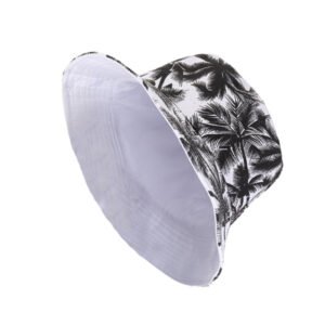 Black and white reversible bucket hat with palm tree print