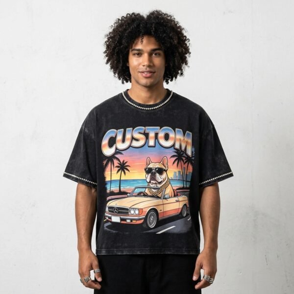Custom Acid-Wash Rhinestone Graphic Boxy T-Shirt VWT-091 - Style 9CF2E9 - product detail view 2 Custom Acid-Wash Rhinestone Graphic Boxy T-Shirt VWT-091 - Style 9CF2E9 - product detail view 2