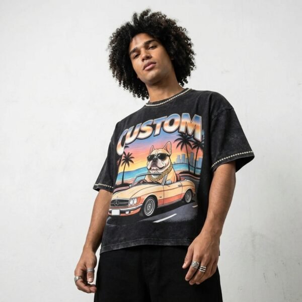 Custom Acid-Wash Rhinestone Graphic Boxy T-Shirt VWT-091 - Style 9CF2E9 - product detail view 3 Custom Acid-Wash Rhinestone Graphic Boxy T-Shirt VWT-091 - Style 9CF2E9 - product detail view 3