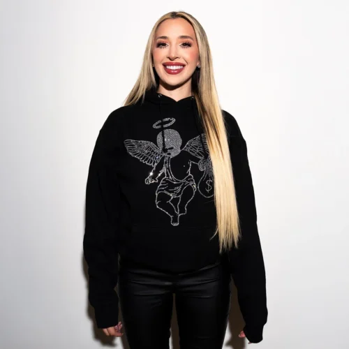 Black pullover hoodie with rhinestone angel graphic