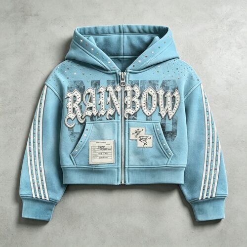 Custom Cropped Rhinestone Applique Zip Hoodie - Style 946414
