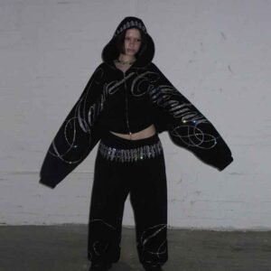 Custom Rhinestone Crop Zip Hoodie Set - Style 416931