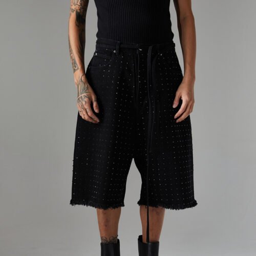 Custom Rhinestone Washed Denim Long Shorts - Style 51CCB6 Man wearing black washed denim long shorts with all-over rhinestones