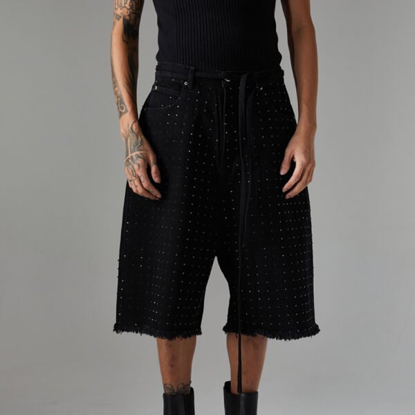 Custom Rhinestone Washed Denim Long Shorts - Style 51CCB6 Man wearing black washed denim long shorts with all-over rhinestones