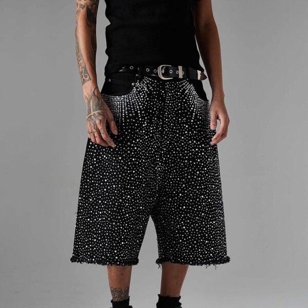 Custom Rhinestone Raw-Hem Denim Shorts - Style 20BD28 Black denim shorts covered in rhinestones with a raw hem