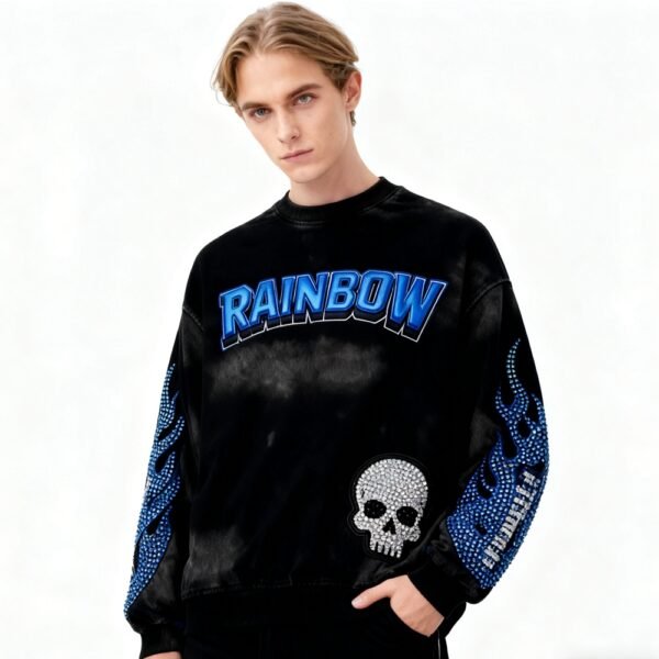 Custom Rhinestone Flame Skull Crewneck Sweatshirt - Style FB5AFF - product detail view 3 Custom Rhinestone Flame Skull Crewneck Sweatshirt - Style FB5AFF - product detail view 3