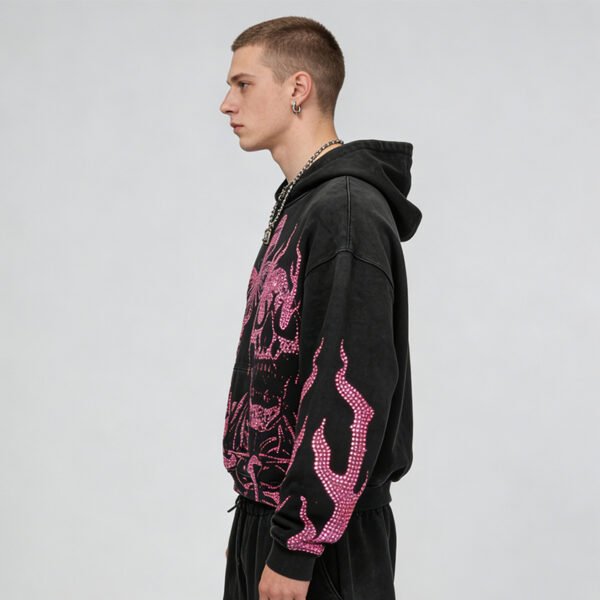 Custom Washed Rhinestone Flame Pullover Hoodie - Style 00C22C - product detail view 3 Custom Washed Rhinestone Flame Pullover Hoodie - Style 00C22C - product detail view 3