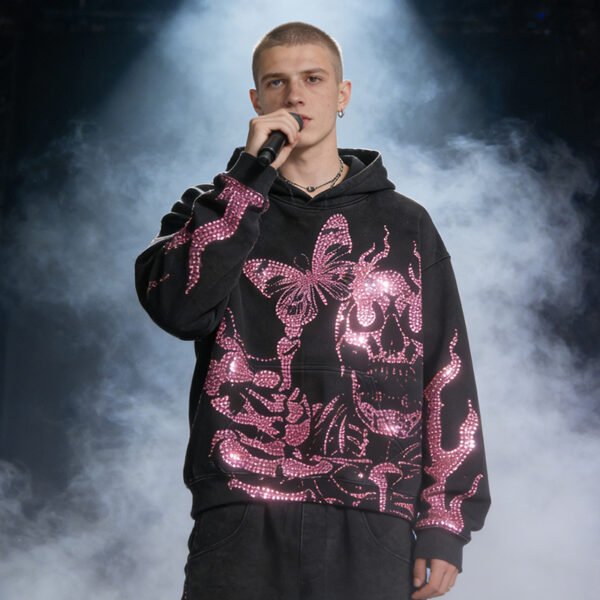 Custom Washed Rhinestone Flame Pullover Hoodie - Style 00C22C - product detail view 6 Custom Washed Rhinestone Flame Pullover Hoodie - Style 00C22C - product detail view 6