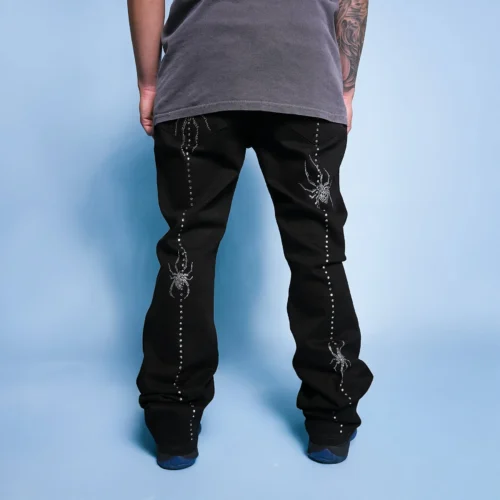 Custom Black Rhinestone Spider Flared Jeans - Style B48B7A Black flared denim jeans with rhinestone spider designs
