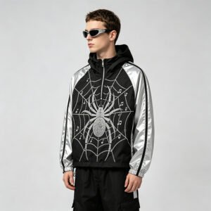 Man wearing a black and silver rhinestone spider web hooded jacket