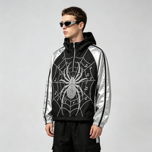 Man wearing a black and silver rhinestone spider web hooded jacket