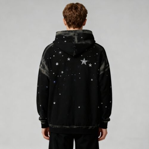 Black hooded pullover hoodie with star and rhinestone print