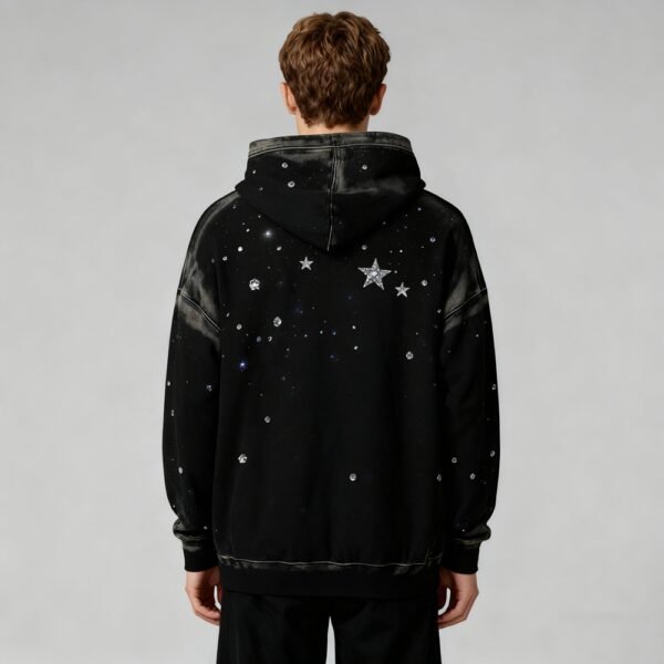 Custom Starfield Rhinestone Panel Pullover Hoodie - Style 2E0F27 Black hooded pullover hoodie with star and rhinestone print