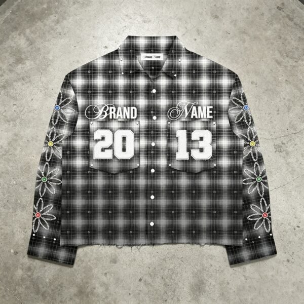 Custom Rhinestone Plaid Button-Up Overshirt - Style 85722D Custom Rhinestone Plaid Button-Up Overshirt - Style 85722D
