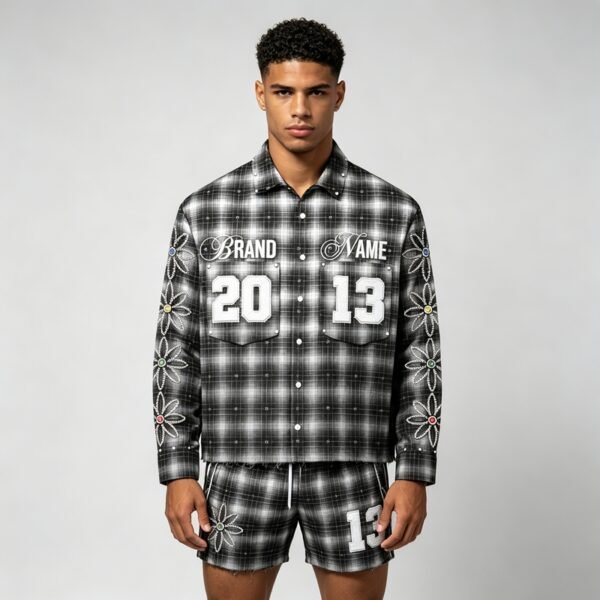 Custom Rhinestone Plaid Button-Up Overshirt - Style 85722D - product detail view 2