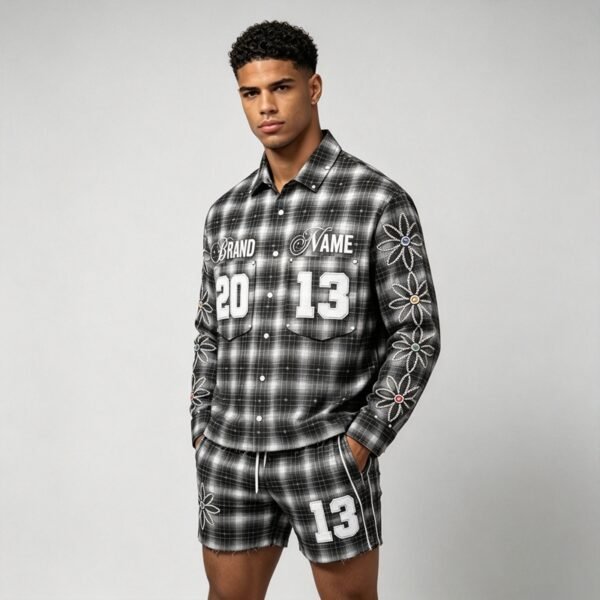 Custom Rhinestone Plaid Button-Up Overshirt - Style 85722D - product detail view 3