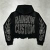Custom Cropped Rhinestone Skull Raw-Edge Pullover Hoodie - Style 92B928