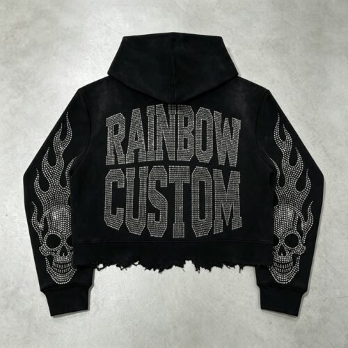 Custom Cropped Rhinestone Skull Raw-Edge Pullover Hoodie - Style 92B928