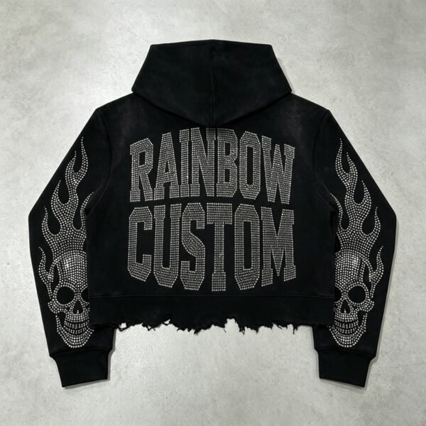 Custom Cropped Rhinestone Skull Raw-Edge Pullover Hoodie - Style 92B928