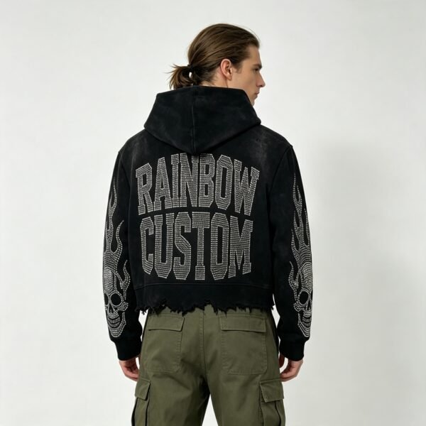 Custom Cropped Rhinestone Skull Raw-Edge Pullover Hoodie - Style 92B928 - product detail view 3