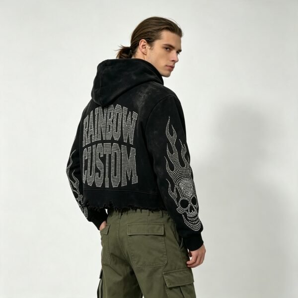 Custom Cropped Rhinestone Skull Raw-Edge Pullover Hoodie - Style 92B928 - product detail view 4