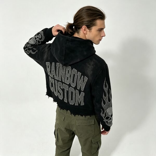 Custom Cropped Rhinestone Skull Raw-Edge Pullover Hoodie - Style 92B928 - product detail view 5