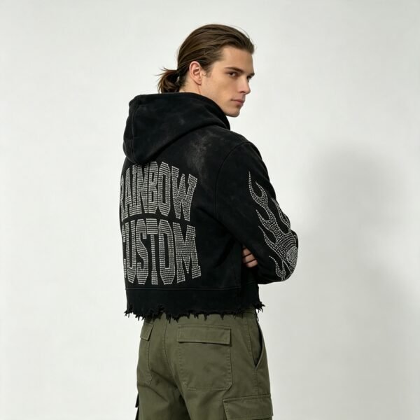 Custom Cropped Rhinestone Skull Raw-Edge Pullover Hoodie - Style 92B928 - product detail view 6
